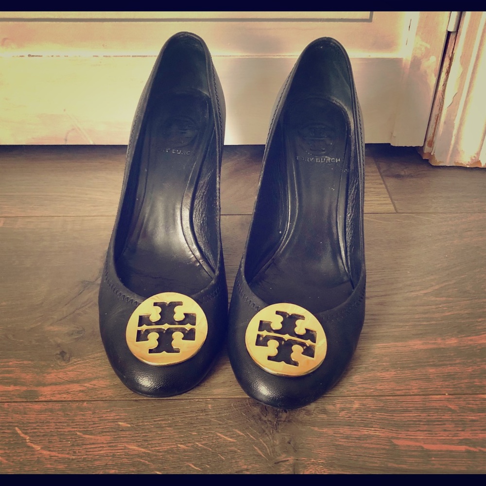 Tory Burch Black Leather Wedge Heels, Size 8